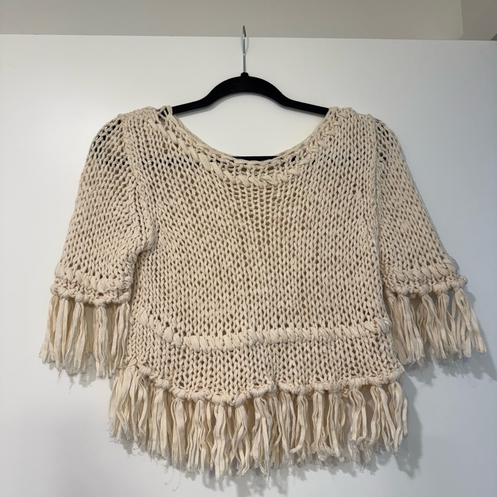 Free People Cream Fringe Sweater